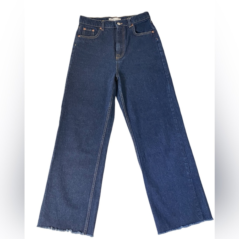 Zara High Waisted Wide Leg distressed denim Jeans